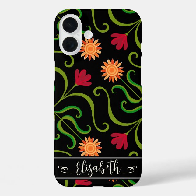   Bold Floral Damask Sunflower Boho Black Folk Art Case-Mate iPhone Case (Back)