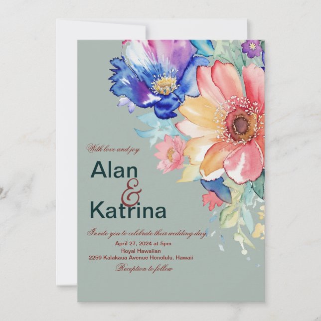 Bold Floral Eucalyptus Green Wedding Invitation (Front)