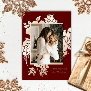 Bold Floral Framed   Burgundy   Photo Christmas    Foil Holiday Card