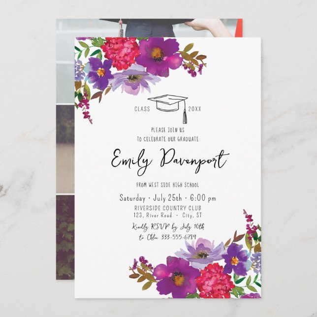 Bold floral graduation 3 photos invitation (Front/Back)