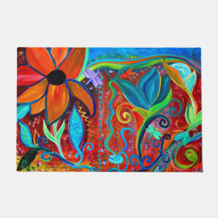 Bold floral orange blue intuitive art rug doormat