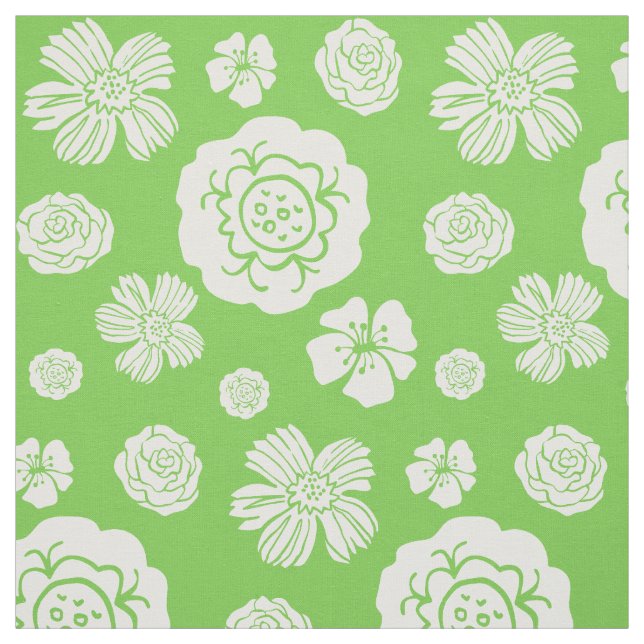 Bold Floral Pattern Lime Green White Fabric (Swatch)