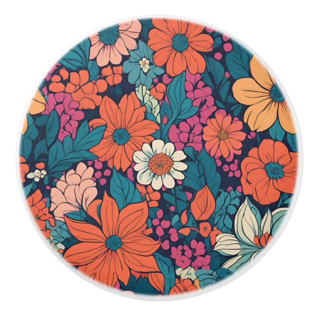 Bold Floral Pattern Modern Flower Decorative Ceramic Knob (Front)