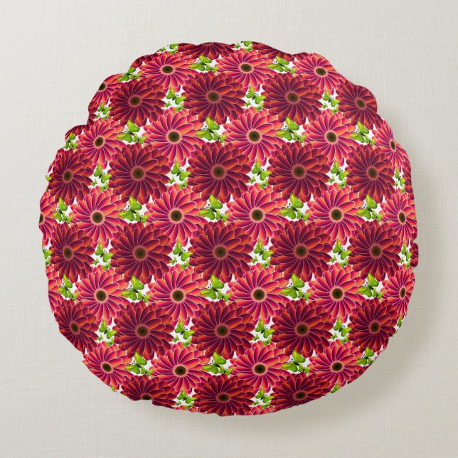 Bold Floral Pattern with Butterflies | Vibrant Red Round Cushion (Front)