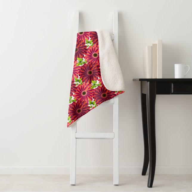 Bold Floral Pattern with Butterflies | Vibrant Red Sherpa Blanket (In Situ)