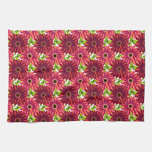 Bold Floral Pattern with Butterflies | Vibrant Red Tea Towel (Horizontal)