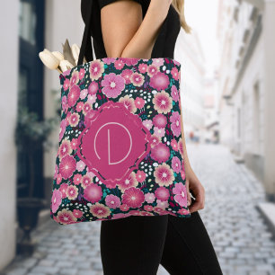 Bold floral patterns monogram pink girly Tote