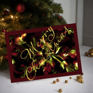 Bold Floral Red Green Gold Merry Christmas Card