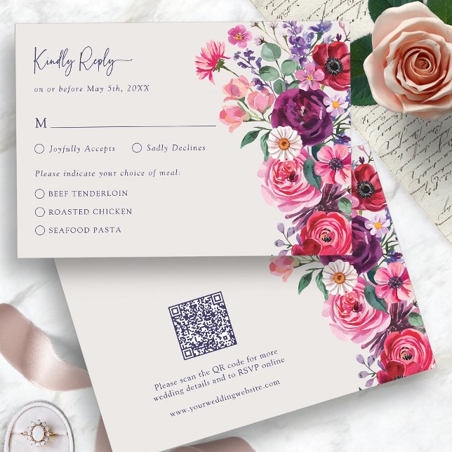 Bold Floral RSVP Card (Bold Jewel Tone Watercolor Floral RSVP Card with QR Code by Painted Paperie
)
