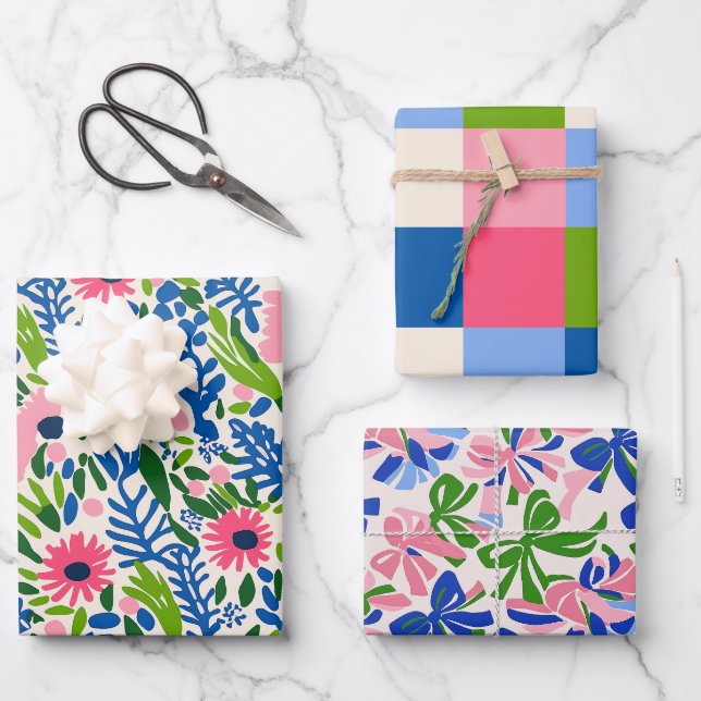 Bold Floral Square Bow Pattern Maximalist Colourfu Wrapping Paper Sheet (Front)