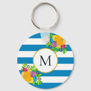 Bold Floral Tropical Blue White Striped Monogram Key Ring