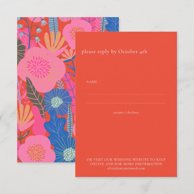 Bold Floral Vibrant Red Elegant Bohemian Wedding RSVP Card (Front/Back)