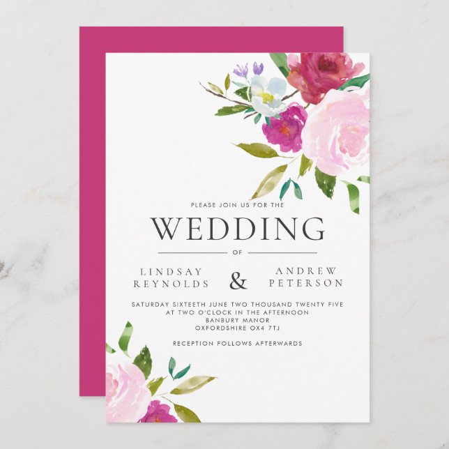 Bold Floral Watercolor Wedding Invitation (Front/Back)