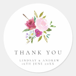 Bold Floral Watercolor Wedding Thank You Classic Round Sticker
