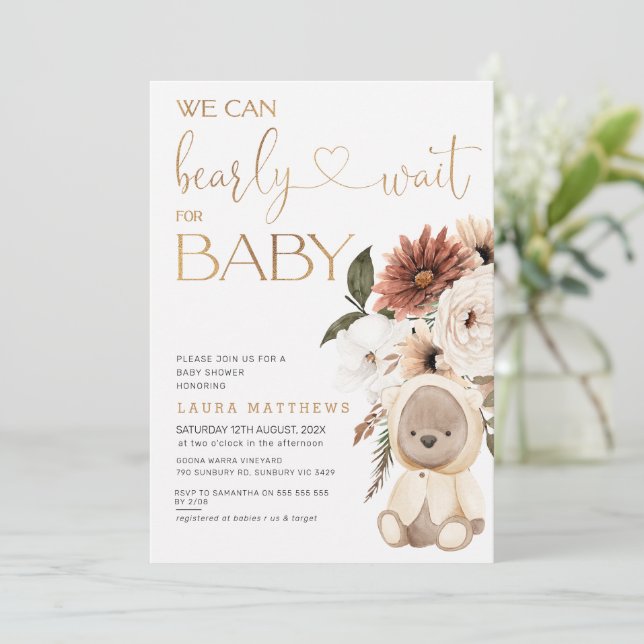 Bold Floral We Can Bearly Wait Baby Shower Invitation (Standing Front)