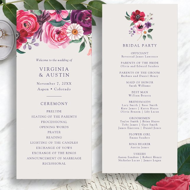 Bold Floral Wedding Program (Bold Floral Watercolor Wedding Program by Painted Paperie
)