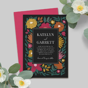 Bold Florals Magenta Orange Black Wedding  Invitation