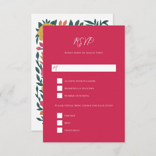 Bold Florals Magenta Orange Wedding   RSVP Card (Front/Back)