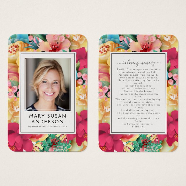 Bold Florals Photo Funeral Memorial Prayer Card (Front & Back)