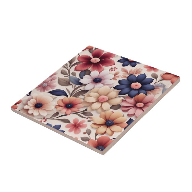 Bold flowers and leaves pattern pink ceramic tile (Side)