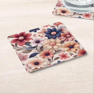 Bold flowers and leaves pattern pink square paper coaster