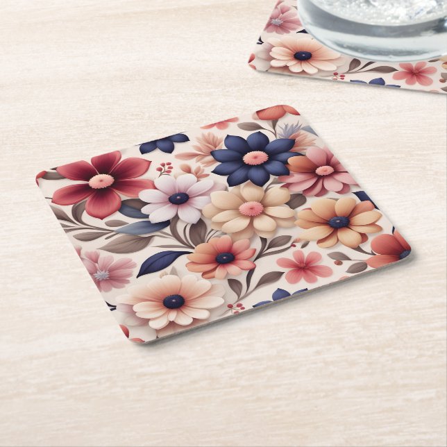 Bold flowers and leaves pattern pink square paper coaster (Angled)