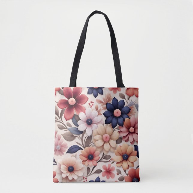Bold flowers and leaves pattern pink tote bag (Front)