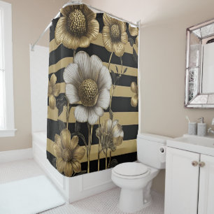 Bold Flowers Black Gold Stripes Shower Curtain