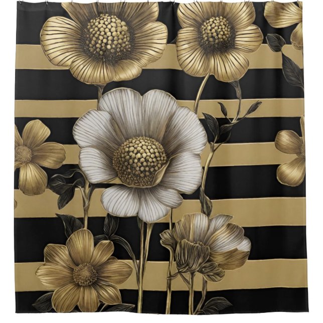 Bold Flowers Black Gold Stripes Shower Curtain (Front)