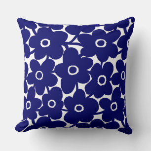 Bold Flowers - Deep Navy on White Cushion