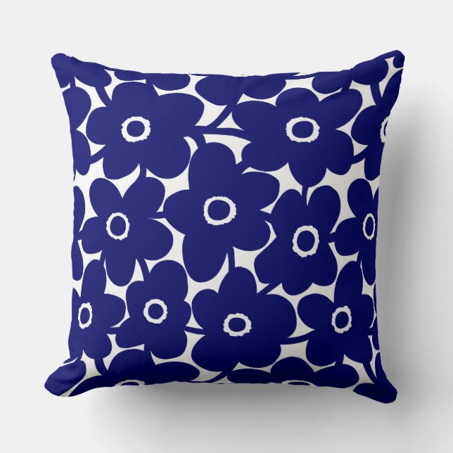 Bold Flowers - Deep Navy on White Cushion (Front)