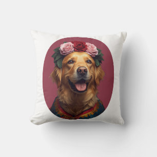 Bold Folk Art Self-Portrait Golden Retriever Cushion