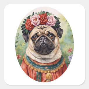 Bold Folk Art Self-Portrait–Inspired Beige Pug Art Square Sticker