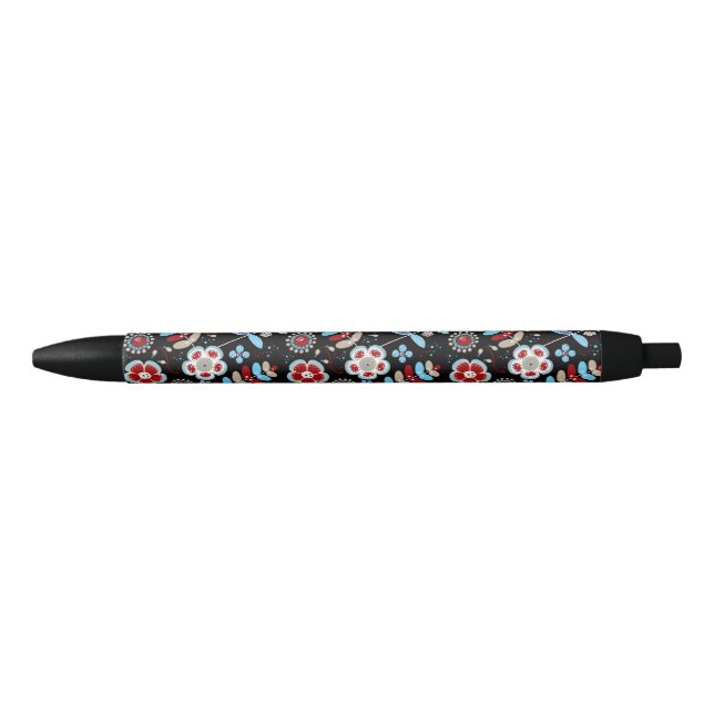 Bold Folk Floral Pattern Black Ink Pen (Front)