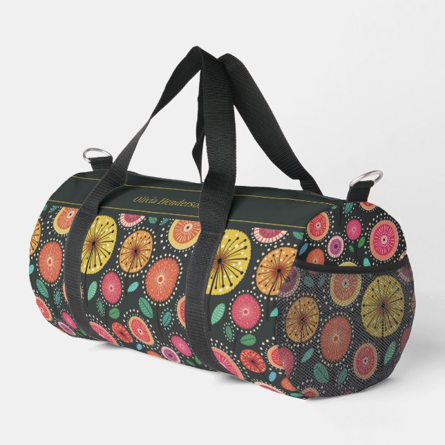 Bold Folk Floral Pattern Personalised Name  Duffle Bag (Right Corner)