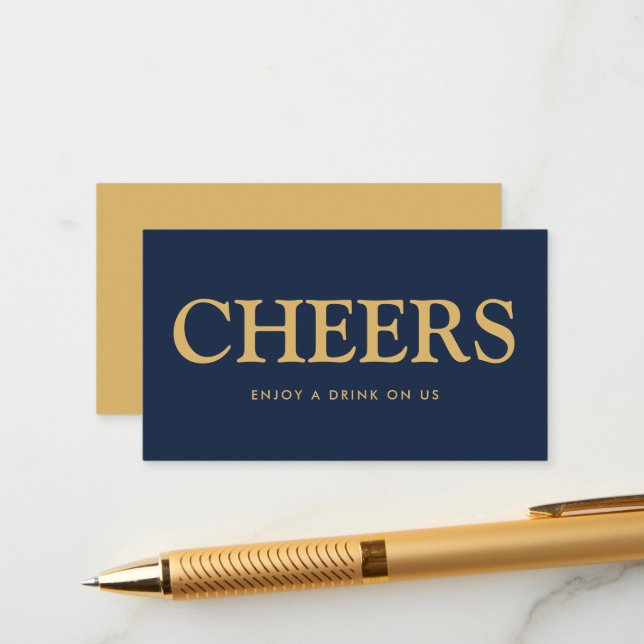 Bold Font "Cheers" Free Drinks Ticket Enclosure Card (Front/Back In Situ)