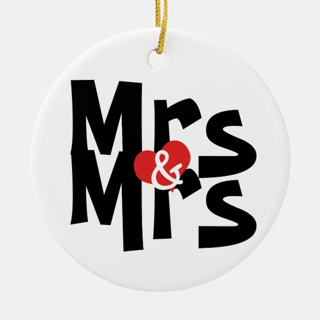 Bold Font Lesbian Wedding Mrs and Mrs Personalised Ceramic Tree Decoration (Front)