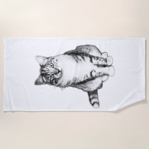 Bold Front‑Facing Tabby Cat Ink Art Beach Towel