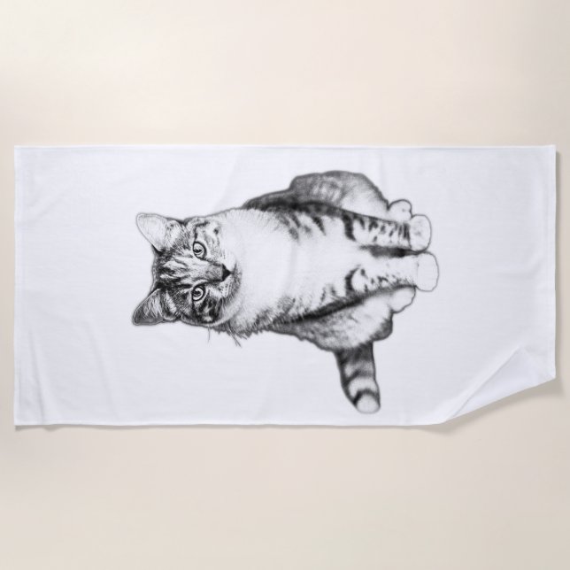 Bold Front‑Facing Tabby Cat Ink Art Beach Towel (Front)