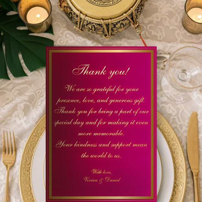 Bold Fuchsia and Gold Wedding Thank You Card (Creator Uploaded)