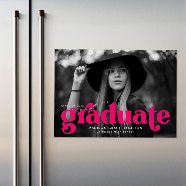 Bold Fuchsia Typography Photo Graduation Magnetic Invitation (Creator Uploaded)