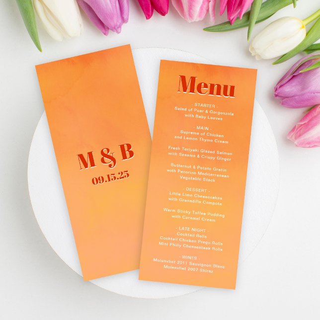 Bold Fun Modern Orange Sunset Monogram Wedding Menu (Creator Uploaded)