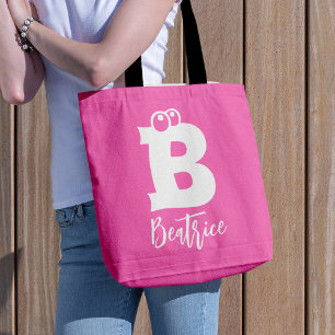 Bold fun typography monogram name pink white tote bag
