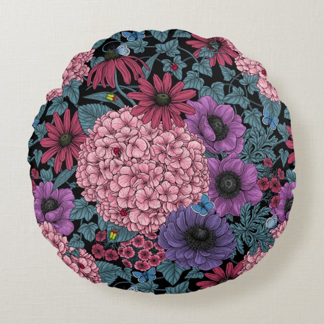 Bold garden florals round cushion (Front)