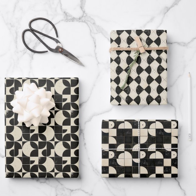  Bold Geometric Abstract Pattern – Black & Cream Wrapping Paper Sheet (Front)