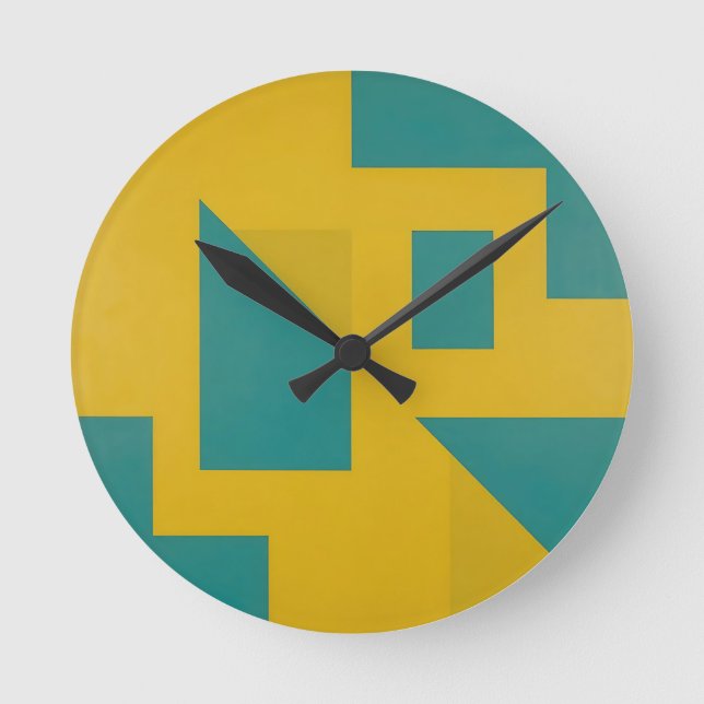 Bold Geometric Abstract Yellow Teal Round Clock (Front)