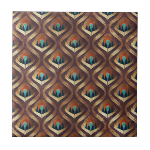 Bold Geometric Art Deco in Teal and Brown Tones Ceramic Tile