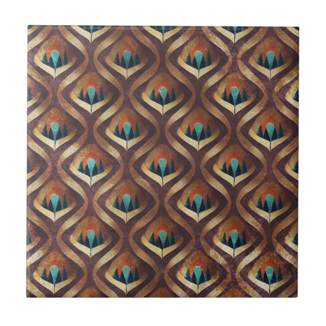 Bold Geometric Art Deco in Teal and Brown Tones Ceramic Tile (Front)