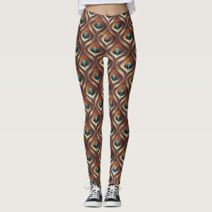 Bold Geometric Art Deco in Teal and Brown Tones Leggings