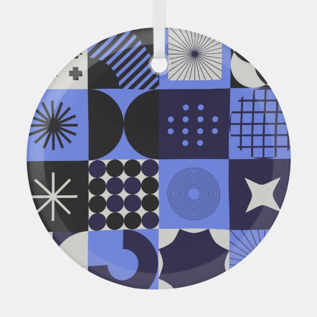 Bold Geometric Bauhaus Retrofuturistic Pattern Glass Tree Decoration (Front)